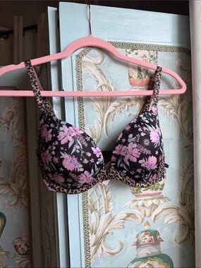 Victoria's Secret Black Bra with Pink Floral and Leopard Trim Accents